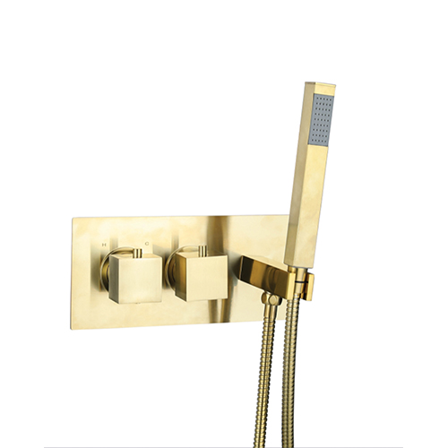 Brushed Gold Square Thermostatic Mixer Shower with 2 Outlets with Kit